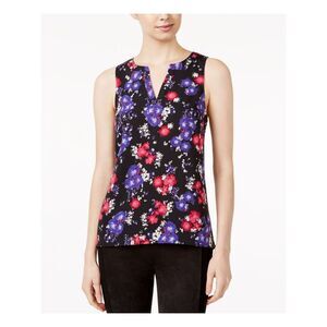 KENSIE Womens Black Floral Sleeveless Jewel Neck Top Size: XS